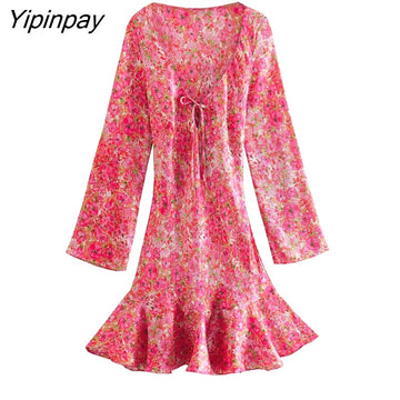 Yipinpay 2023 New Summer Women Print Dresses Fashion Deep V-neck A-line Dresses Long Sleeve Party Elegant Vestidos